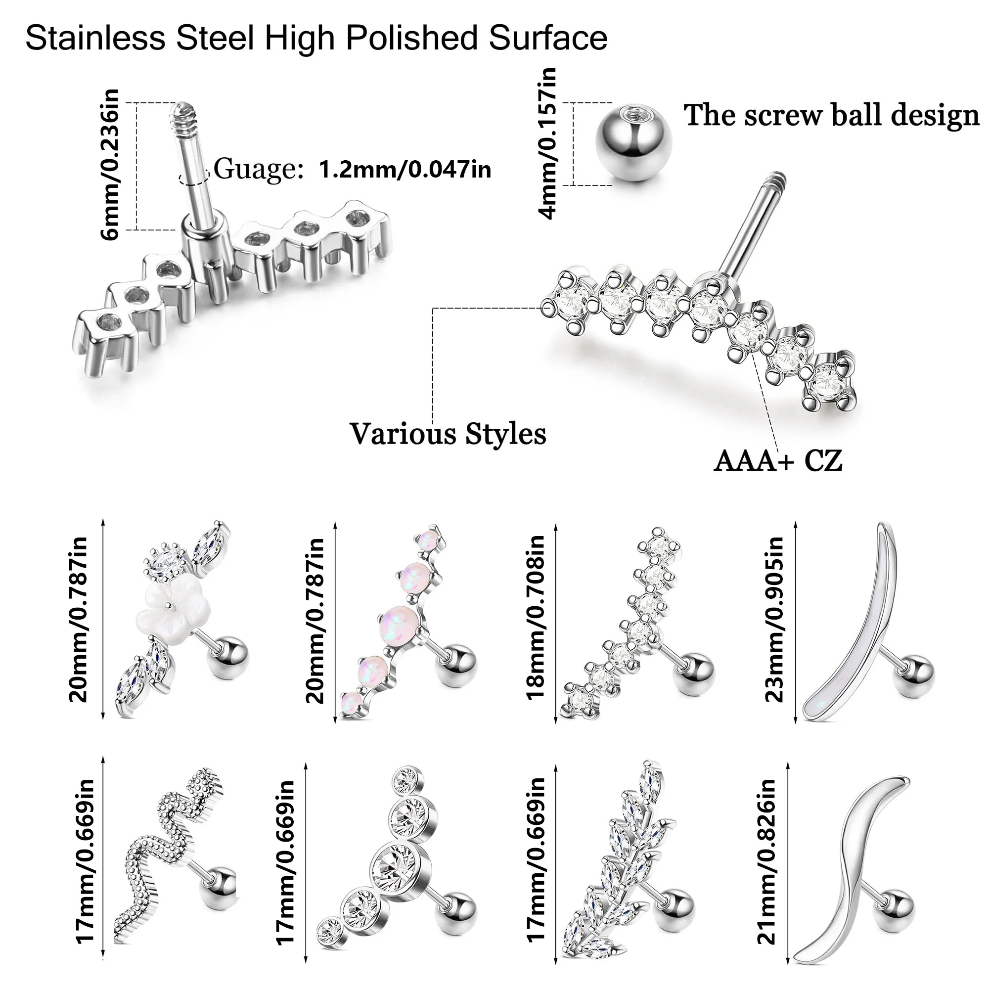 An 8-piece set of Mountaineer stainless steel cartilage stud earrings can perfectly decorate your ears in any combination