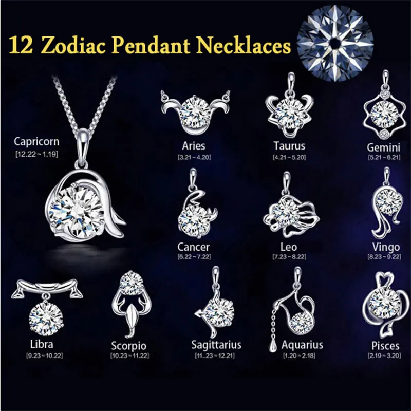 Fashion Silver Color Zodiac Sign 12 Constellation Pendant Necklaces Sparkling Zircon Charm Necklace for Women Girl Birthday Gift