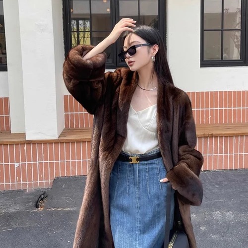 Lautaro 여성용 V넥 모피 오버코트, 긴 빈티지, 우아한 럭셔리, 시크, 두껍고 따뜻한, 부드러운 브라운, 푹신한 인조 밍크 모피 코트, 2023 