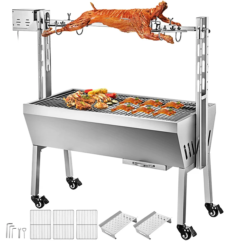 40KG / 88LBS Electric Roaster Grill 2 in 1 BBQ Rotisserie Grill W/ Lockable Wheels for Roasting Sheep Turkey Beef Fish