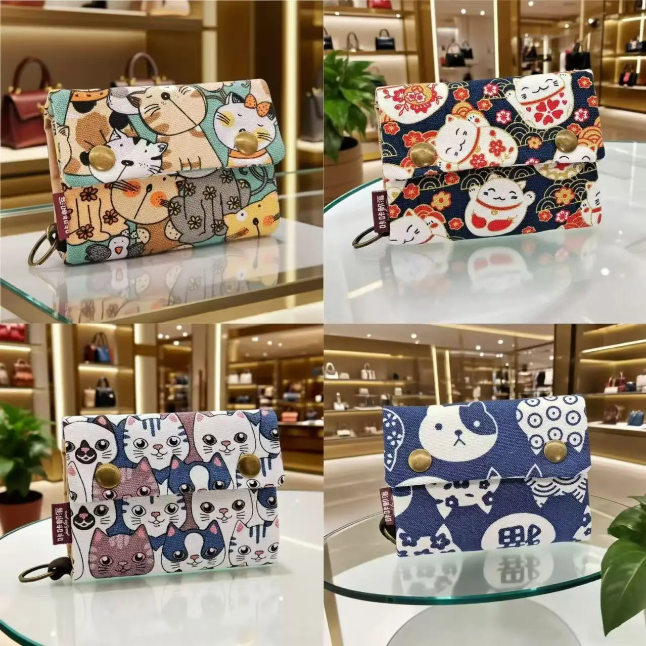 Canvas Cartoon Glückskatze Bedruckte Hunde-Damen-Geldbörse, Faltbare Kurze Brieftasche, Niedliche Mini-Geld-Schlüsseltasche, Münzfach für Kinder