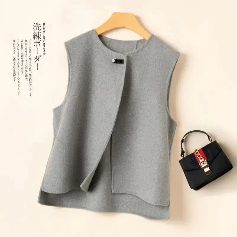 Coats Vest for Women Elegant Double‑Faced Wool Round-neck Single-button Coats Sleeveless Asymmetric Hem Lady Waistcoats Outfits