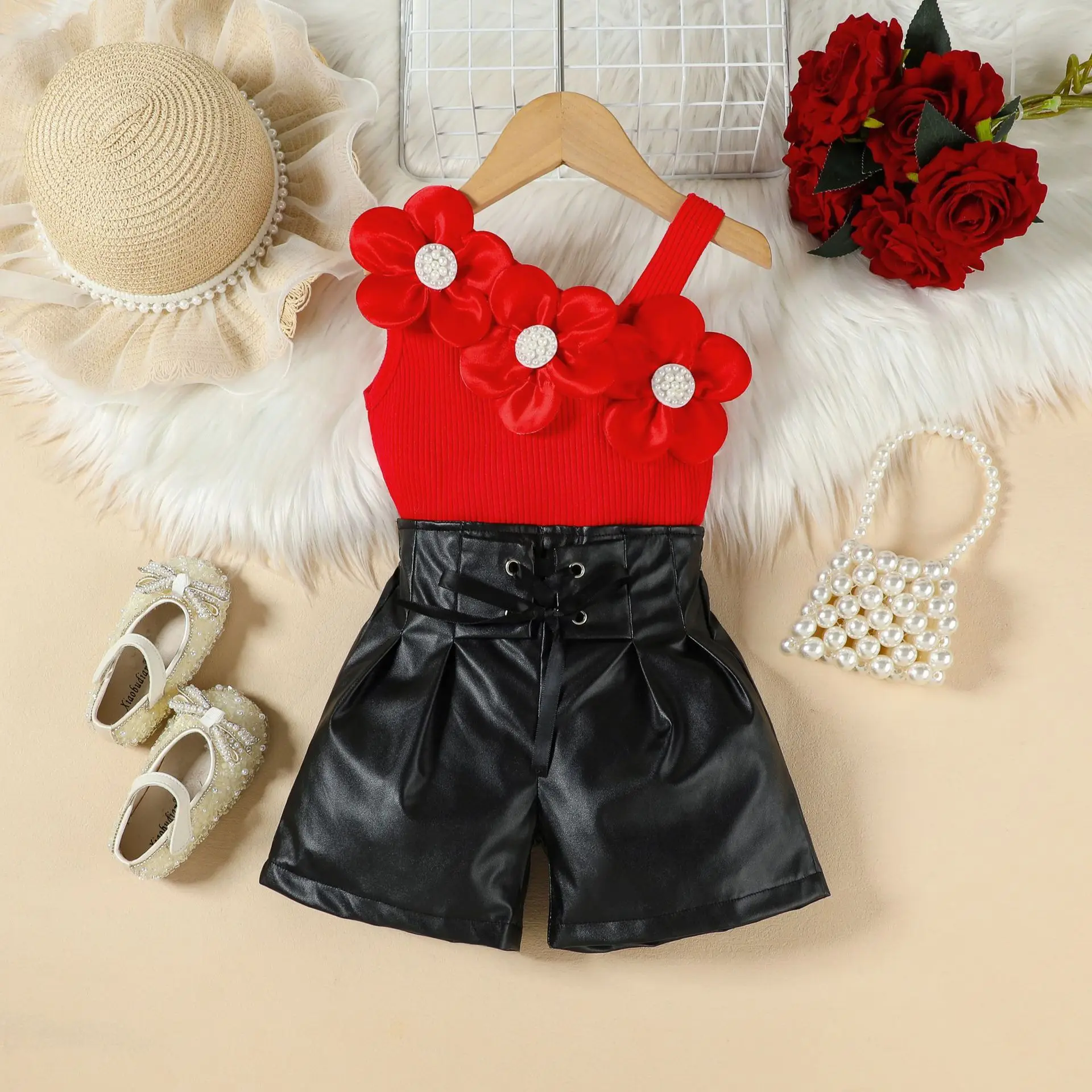 2026 Fashion Girls Summer New Three-dimensional Flower Slanted Shoulder Vest Top PU Leather Shorts Two-piece Set