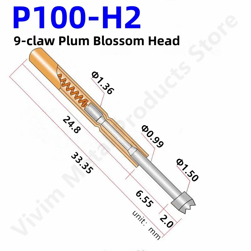 100PCS P100-H2 33.35mm 9-claw Plum Blossom Head Test Pin Dia 1.50mm Needle Spring Test Probe P100-H Dia 1.36mm Test Pogo Pins