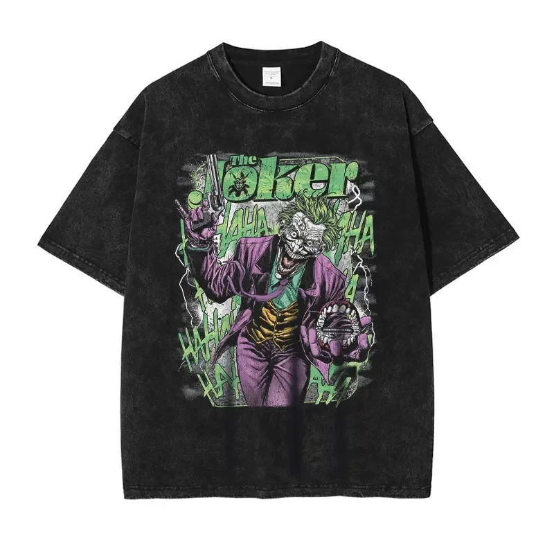 Joker T Shirt Hip Hop Vintage Washed Movie Old School Tops Tees Oversized T-shirt Short Sleeve Sweatshirts Man 100% Cotton