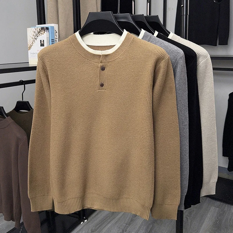 

Men's knitting pullover 2025 Autumn Winter New Fake Two Piece Sweater Fashionable Youth Thickened Warm Base Layer Knit Top