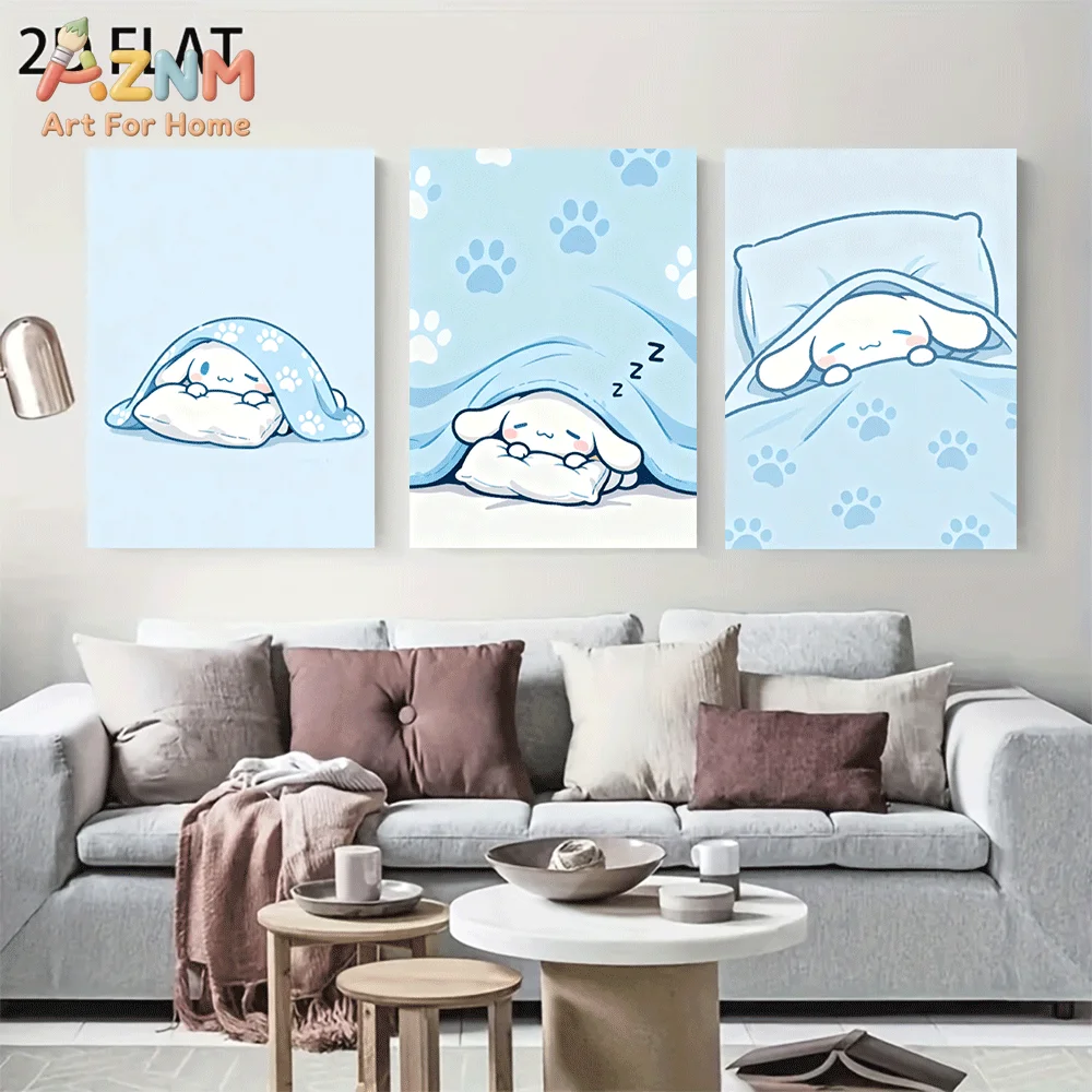 AZNM Cinnamoroll Canvas Wall Art Unframed Cute Cartoon Print Poster Sleeping Puppy Paw Print Blue Blanket Design for Girls Bedro
