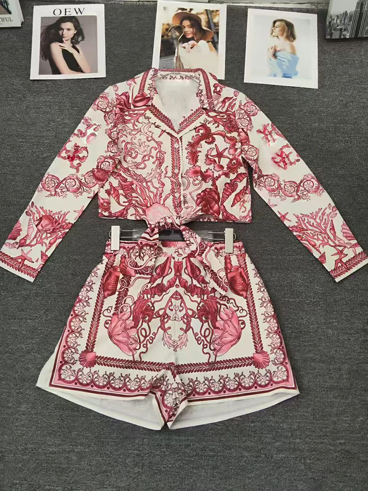 

Лето 2022, женская короткая рубашка в стиле ретро с геометрическим принтом и лацканами на шнуровке, комплект из двух предметов + свободные шорты, модный костюм