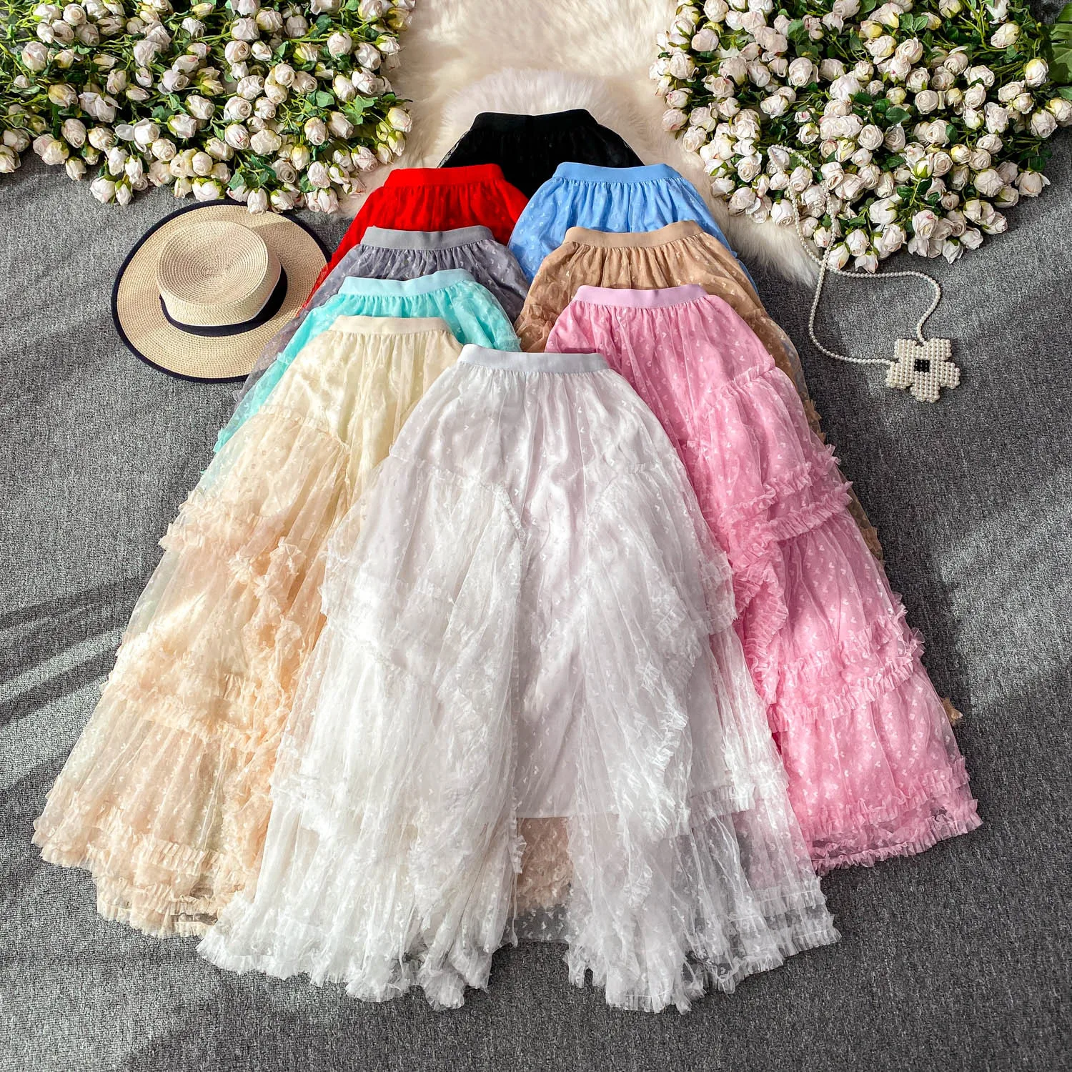

Luxury Bohemian Cake Skirt Women's Summer High Waist Slim Polka Dot Wood Ear Half Beach Skirt High-grade Mesh Mid-length Skirt