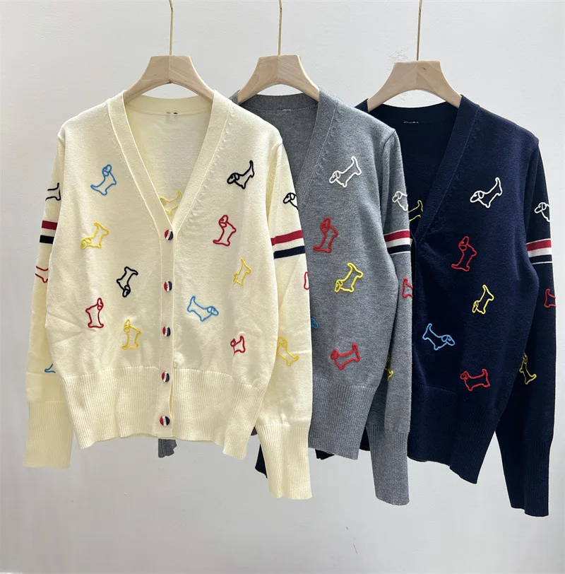 

V-neck cardigan for women, full sleeve stripe sweaters , dog embroidery knitted women's jacket, jumpers, Aesthetic Clothes