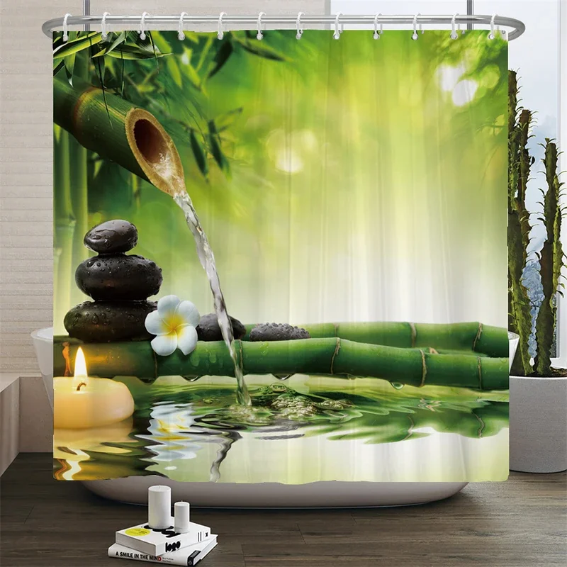 Full set bathroom shower curtain and toilet bath mat non-slip rug carpet green bamboo bathroom curtain for Bath decoration