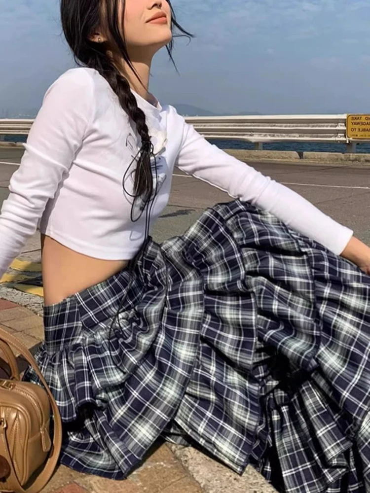 Zoki Vintage Plaid Cake Long Skirts Women High Waist Casual Korean Skirt Streetwear Retro Design Female Spring Y2K Skirts New