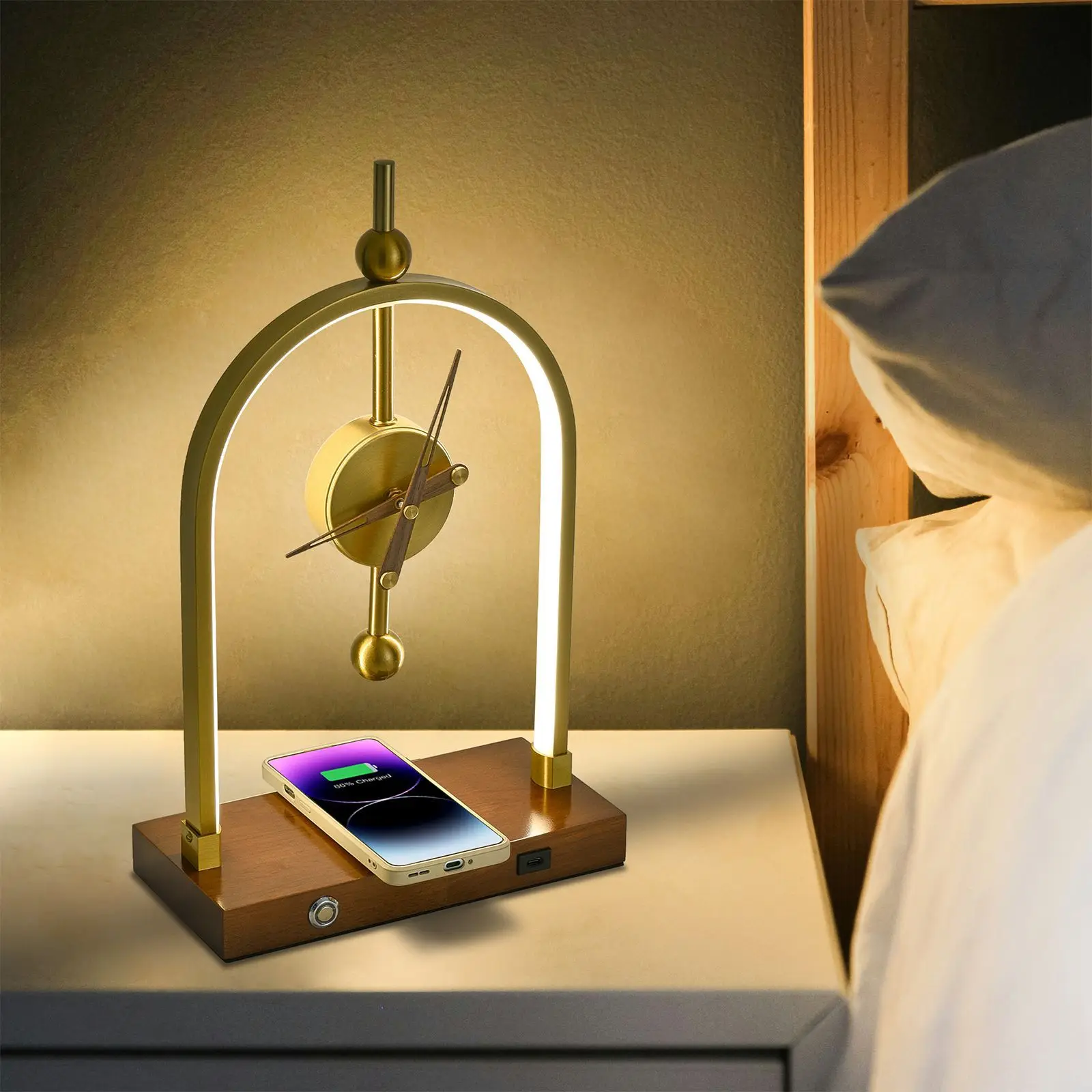 

Gold Clock Desk Lamp Wood Vintage Stand Bedside Night Light Kids Study Bedroom Living Room Decor Home Atmosphere Led Table Lamp