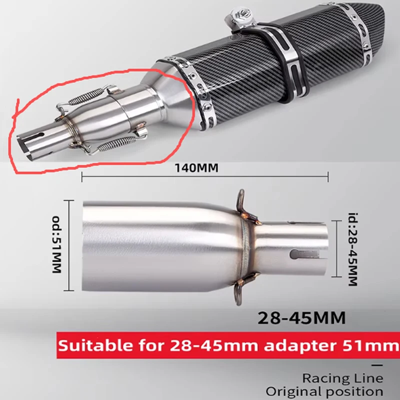 ZK Motorcycle Modification Exhaust Pipe Exhaust Middle Section 28 32 38 40 45mm Adapter 51mm Exhaust Non-Destructive Install