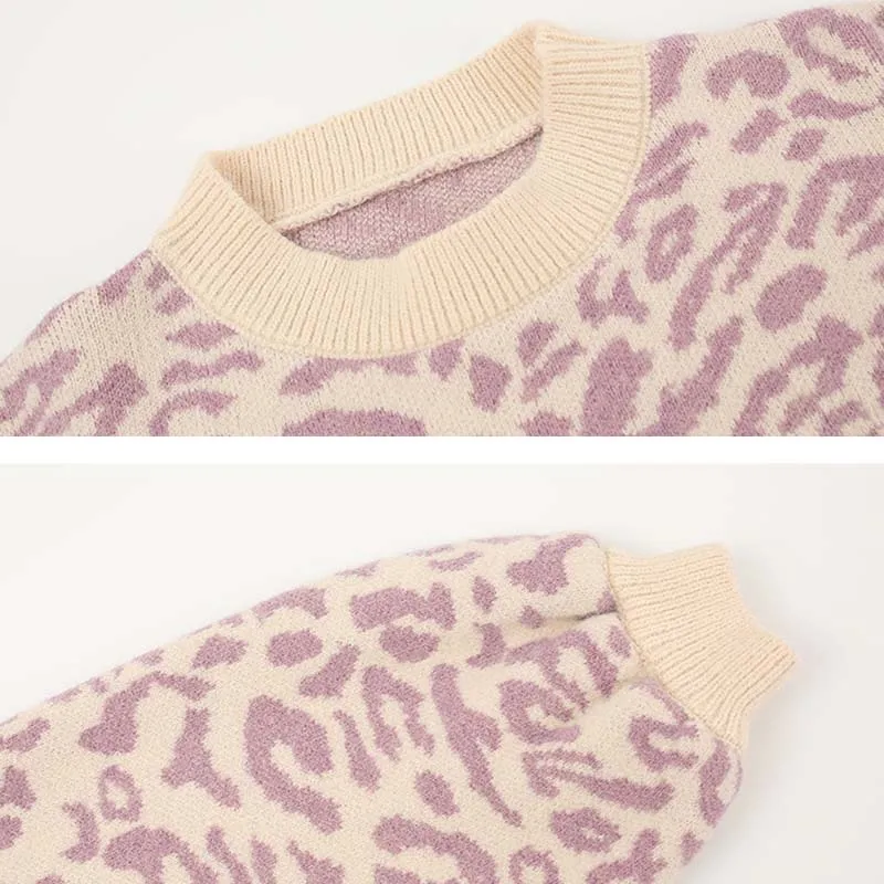 Warm Leopard Knitted Sweater Women Casual Autumn Winter Pullover Long Sleeve Loose Ladies Tops