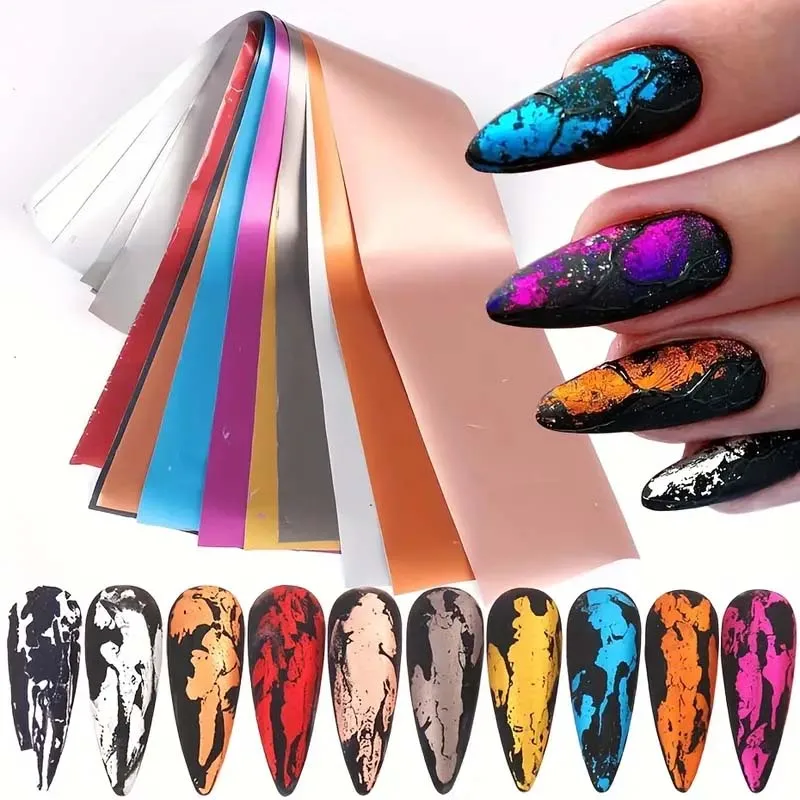 10 Stück Nagelfolien Matt Spiegel Metall Gold Holographisches Papier Gelpoliermittel Transferaufkleber DIY Muster Maniküre Dekoration