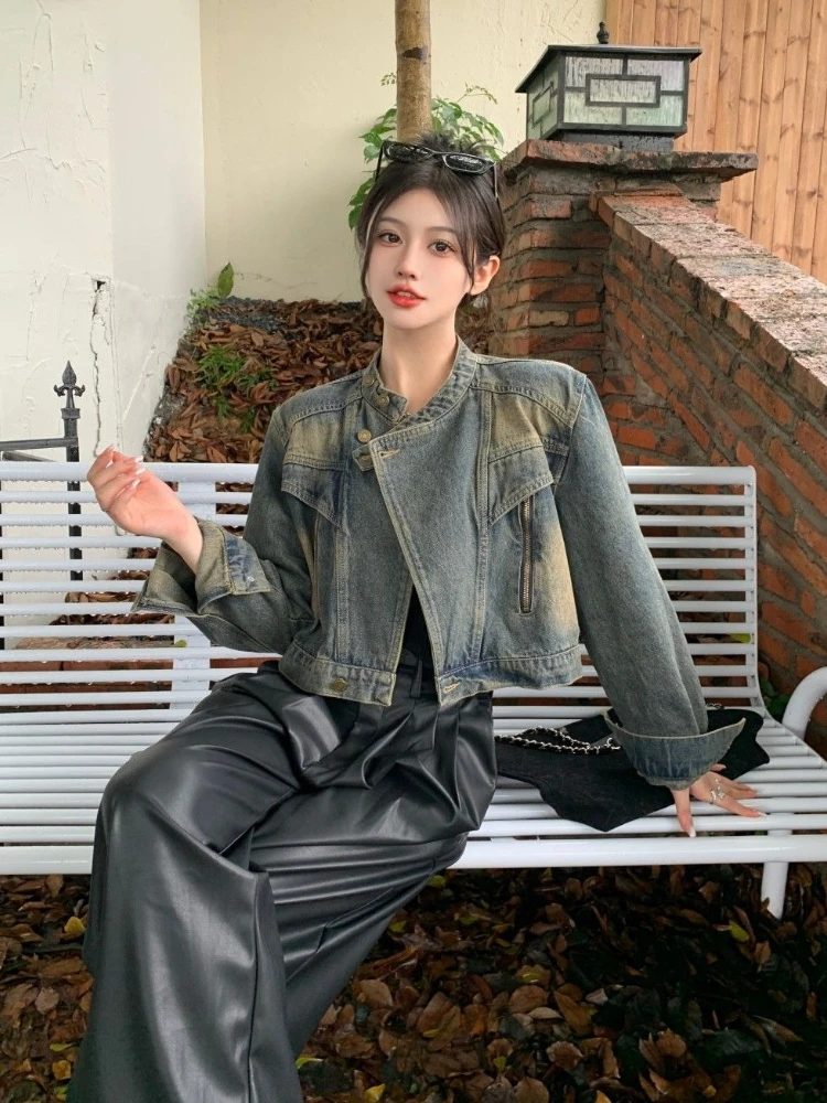 

Biker Rock Vintage American Washed Denim Jacket for Women Autumn New Short Slimming Stand Collar Zipper Decor Long Sleeve