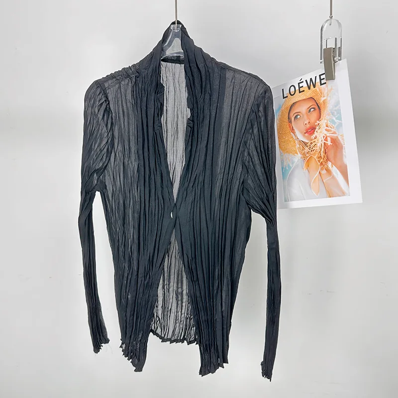 Miyake Single Button Design Cardigan Shirts for Women 2025 New Summer Lightweight Long Sleeve Sunscreen Clothing Chic view 4