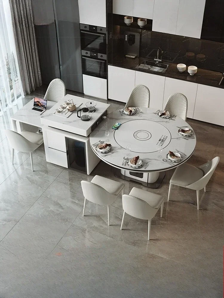 Premium new rock slab island dining table and chair combination integrated retractable folding with induction cooker