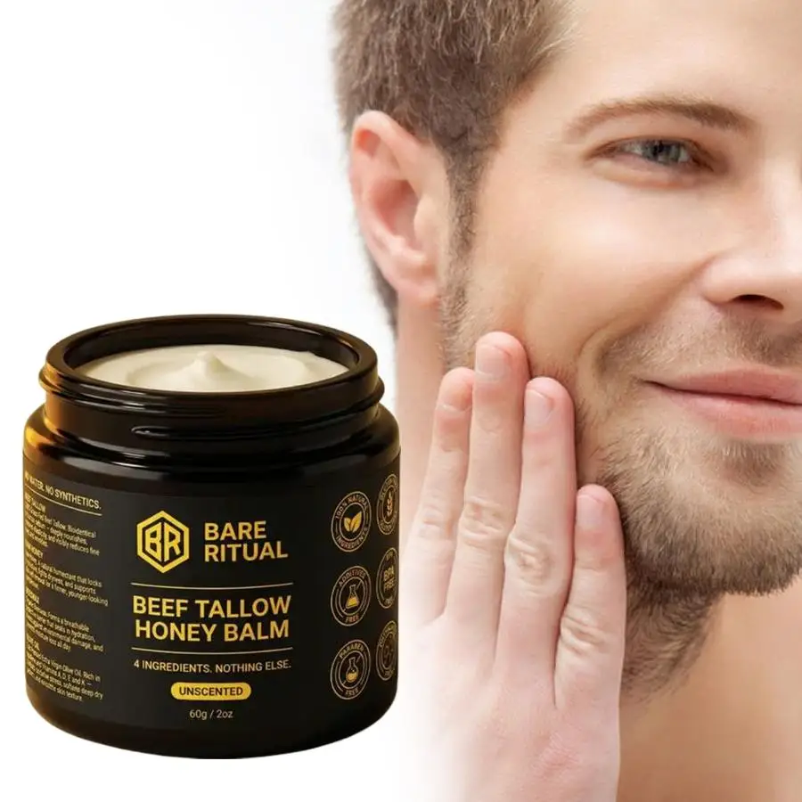 Grass Fed Beef Tallow Balm with Raw Honey 60g Moisturizing Skin Balm Unscented Face Body Care Lightweight Non Greasy
