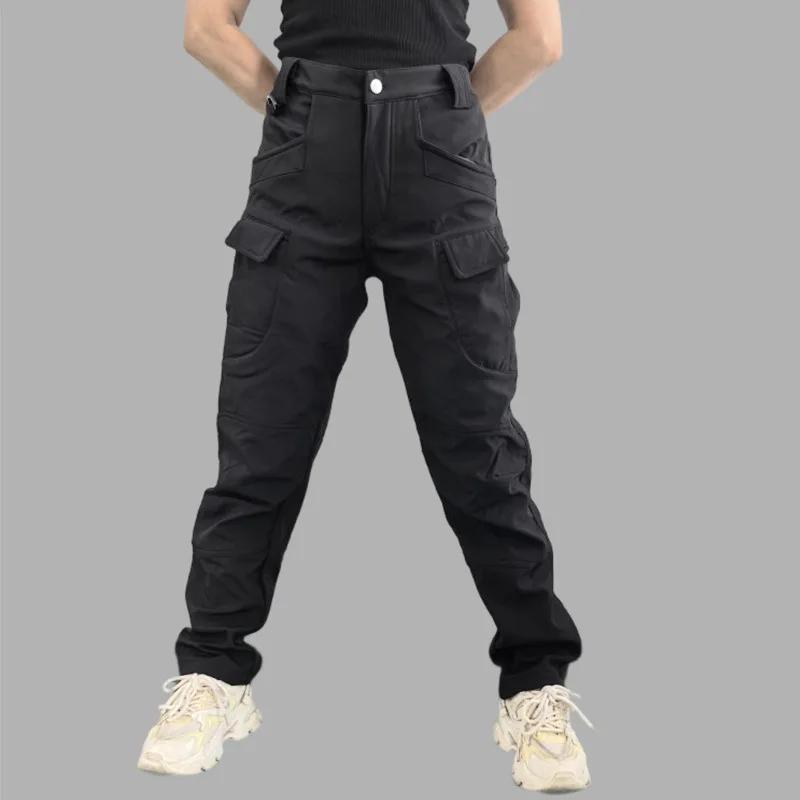 Tactical Multi-pocket Fleece Work Pants for Spring, Autumn and Winter Outdoor Use, with Elastic Waistband.