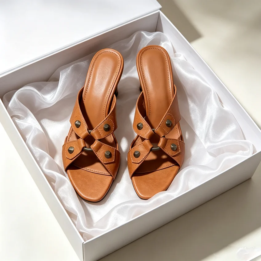 5Cm Heeled Stud Brown Leather Summer Women Slippers Round Toe Ring Cross Female Shoes Rivet High Heels Retro Zapatos De Mujer