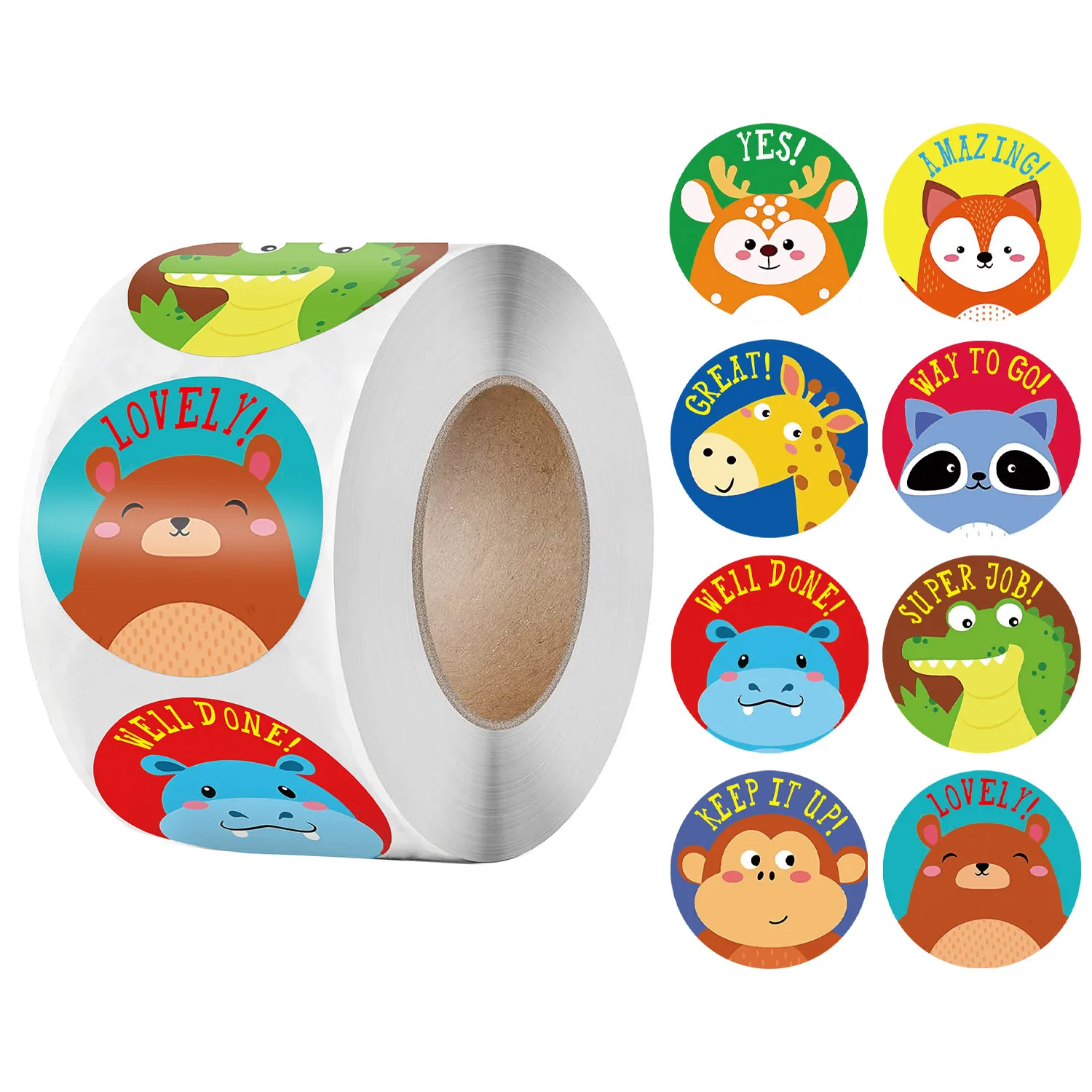 50-500pcs Reward Stickers Encourage Labels Roll for Kids Motivational Sticker Cute Cartoon Animals for Students Teacher Supplies