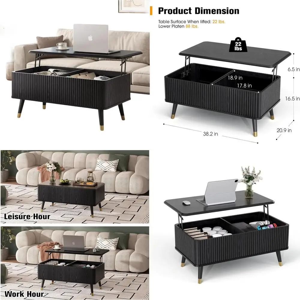 

Mid-Century Modern Lift-Top Coffee Table with Storage and Hidden Drawer, Black Rectangle Dining Table for Living Spaces and Home