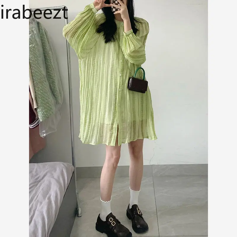 Green Shirt Dress Women Spring and Autumn Design Small Niche High-end Small Midlength Robe Women Clothing Long Blouse