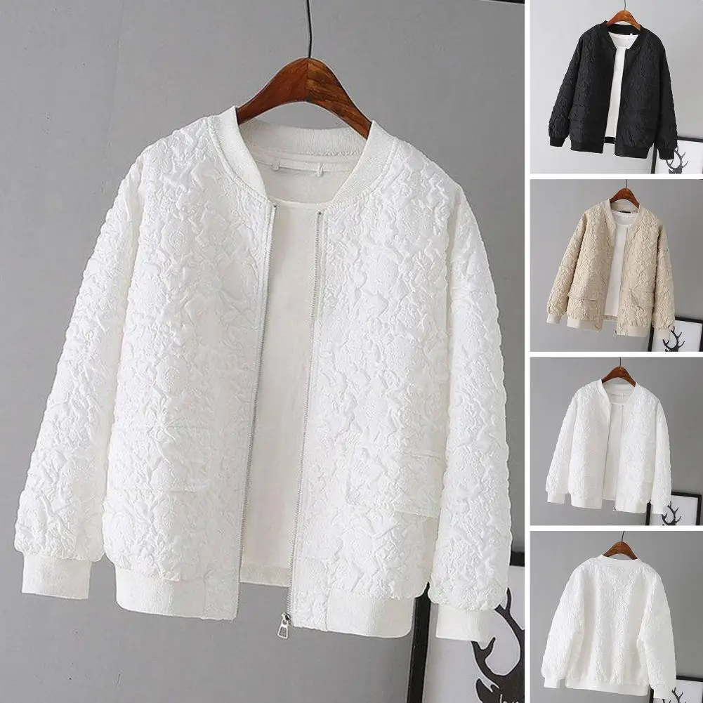 

Elegant Women Jacket Elegant Jacquard Design Ladies Short Baseball Jacket Spring Top with Zipper Female Cardigan Solid Color