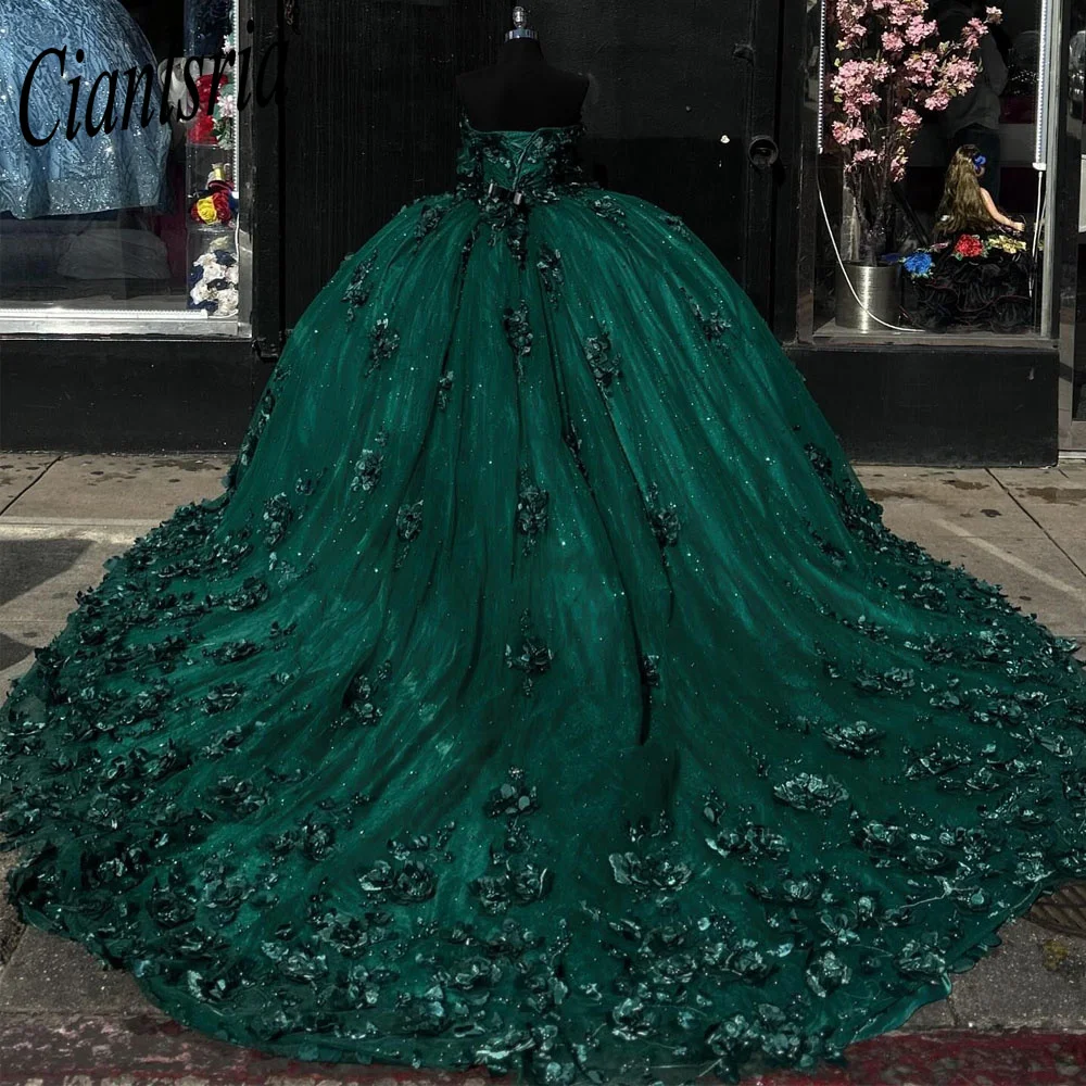 Vestido quinceanera de renda verde com arco para meninas, vestido fora do ombro, trem varrer, formal, florais 3D