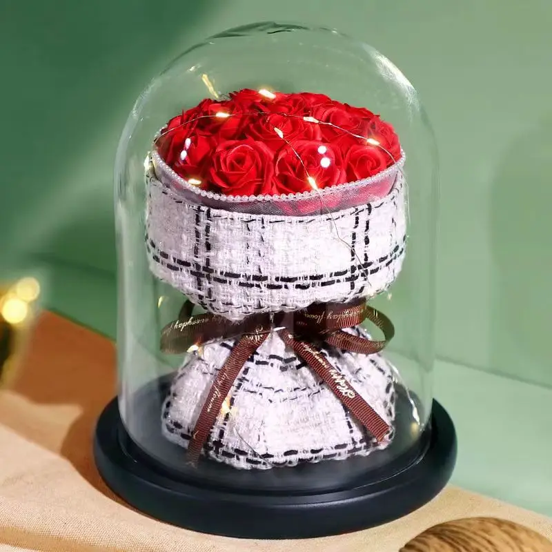 Soap Immortal Home Decor Glass Dome Artificial Sun Flower LED Rose Bouquet Girl Favorite Gift Box Romantic Valentine Mother Day