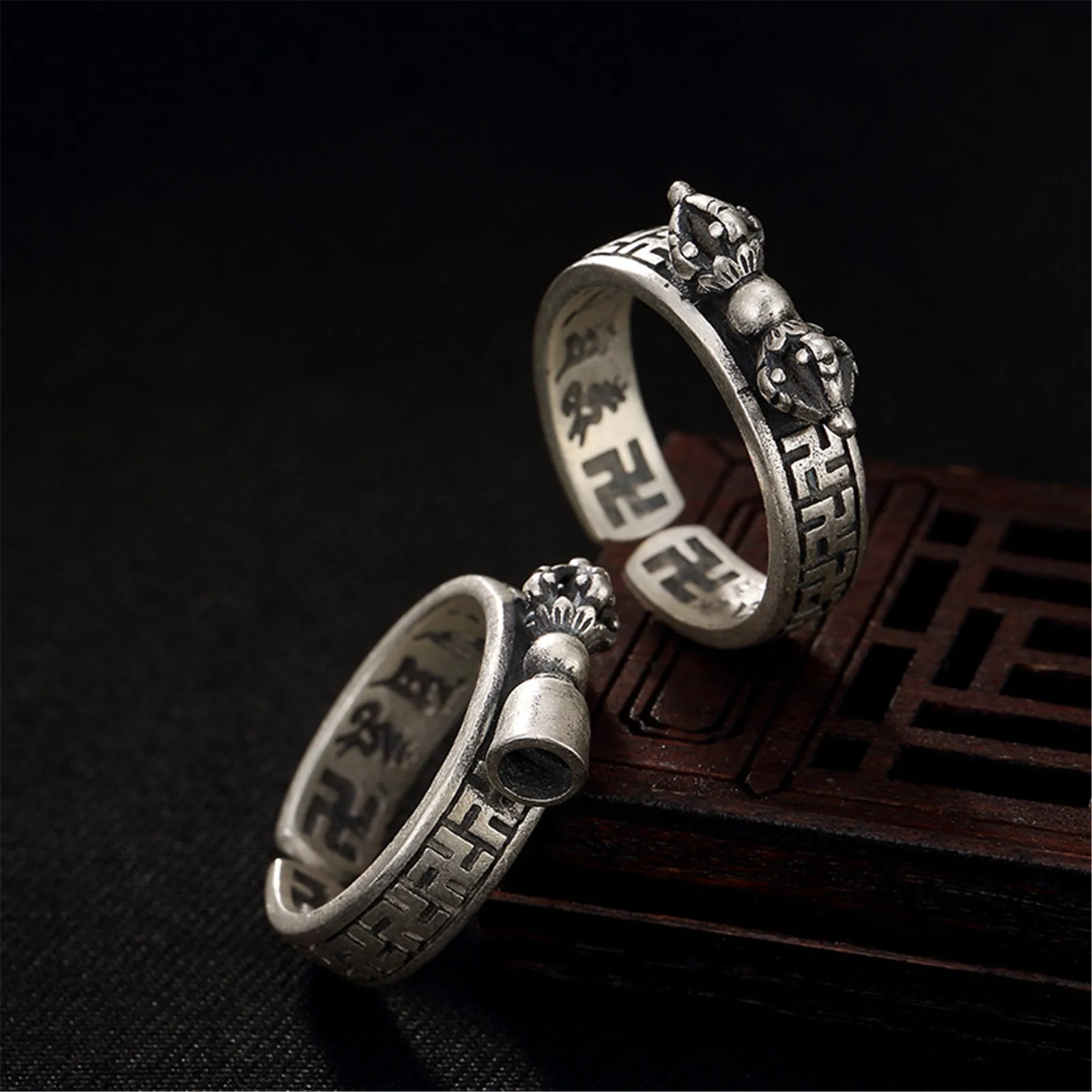 Dorje Vajra Bell Open Ring Sterling Silver 925 with Sauwastika Symbol for Men Women Hinduism Buddhism Religious Style Jewelry