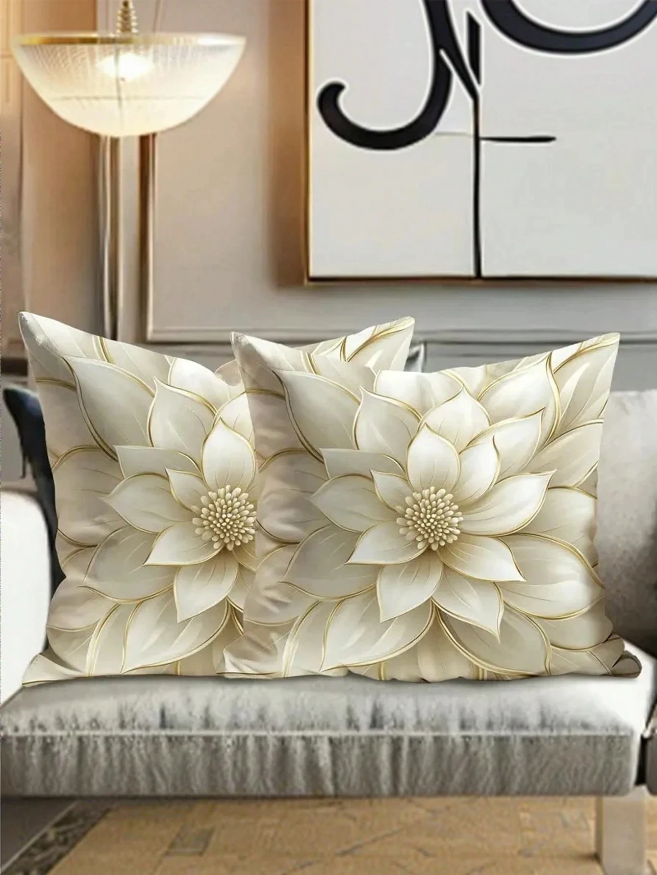 Elegant Ivory & Gold Floral Pillow Covers, Zipper Closure, Machine Washable, Perfect for Living Room, Bedroom, Sofa and Bed Deco