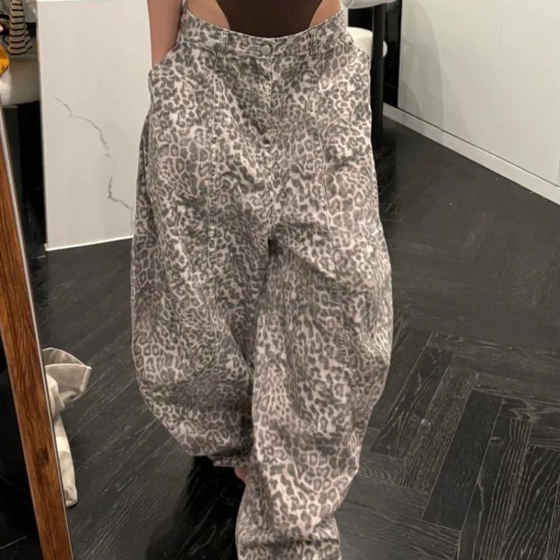 

Новинка осени 2025 года, джинсы с низкой талией и леопардовым принтом, дизайнерские брюки Spice Girl, широкие мешковатые джинсы для женщин