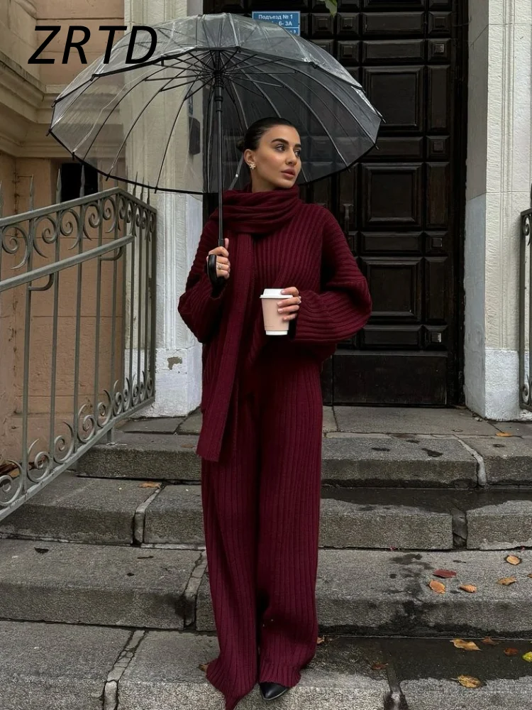 Street Women\'s Burgundy Sweater Pant Set With Scarf Knit Ribbed V-neck Pullover Wide Leg Trouser 2024 Autumn Lady Elegant Outfit