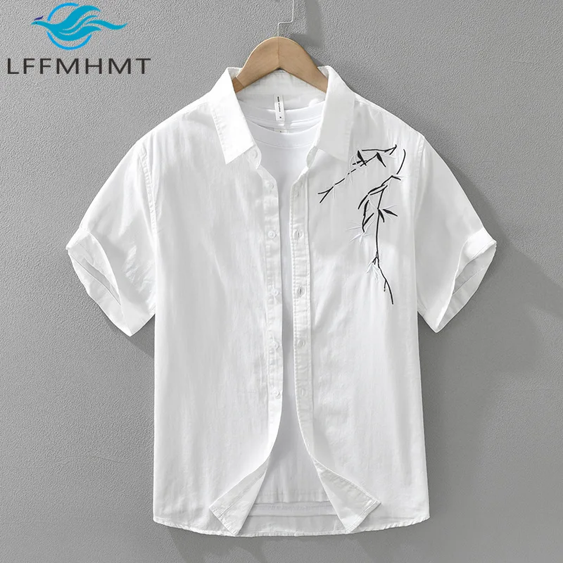 8176 100% Cotton Banboo Embroidery Japan Fresh style Elegant Shirts for Men Summer Fashion Simple Basic Short Sleeve Blouse Male