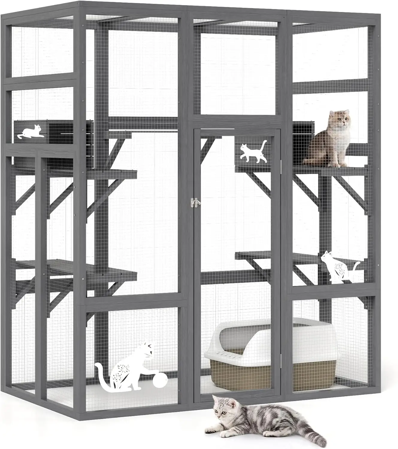 Large Wood Catio Outdoor Cat Enclosure with Perches and Condos, Cat House Indoor with Waterproof Roof, Cat Shelter 7 Platforms