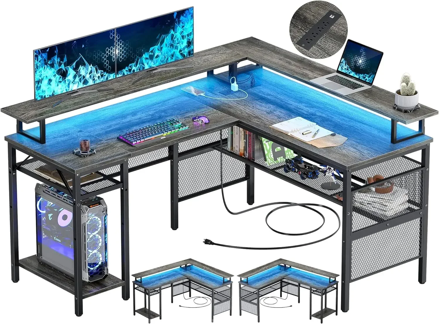 

Unikito L Shaped Computer Desk, Reversible Corner Desk with Power Outlet and LED Strip, L- Shaped Gaming Table with Monitor Stan