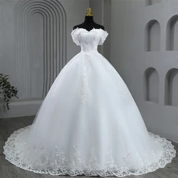 Plus Size White Wedding Dresses Off The Shoulder Wedding Gowns Elegant Long Appliques Pearls Bridal Dress Floor or Long Train