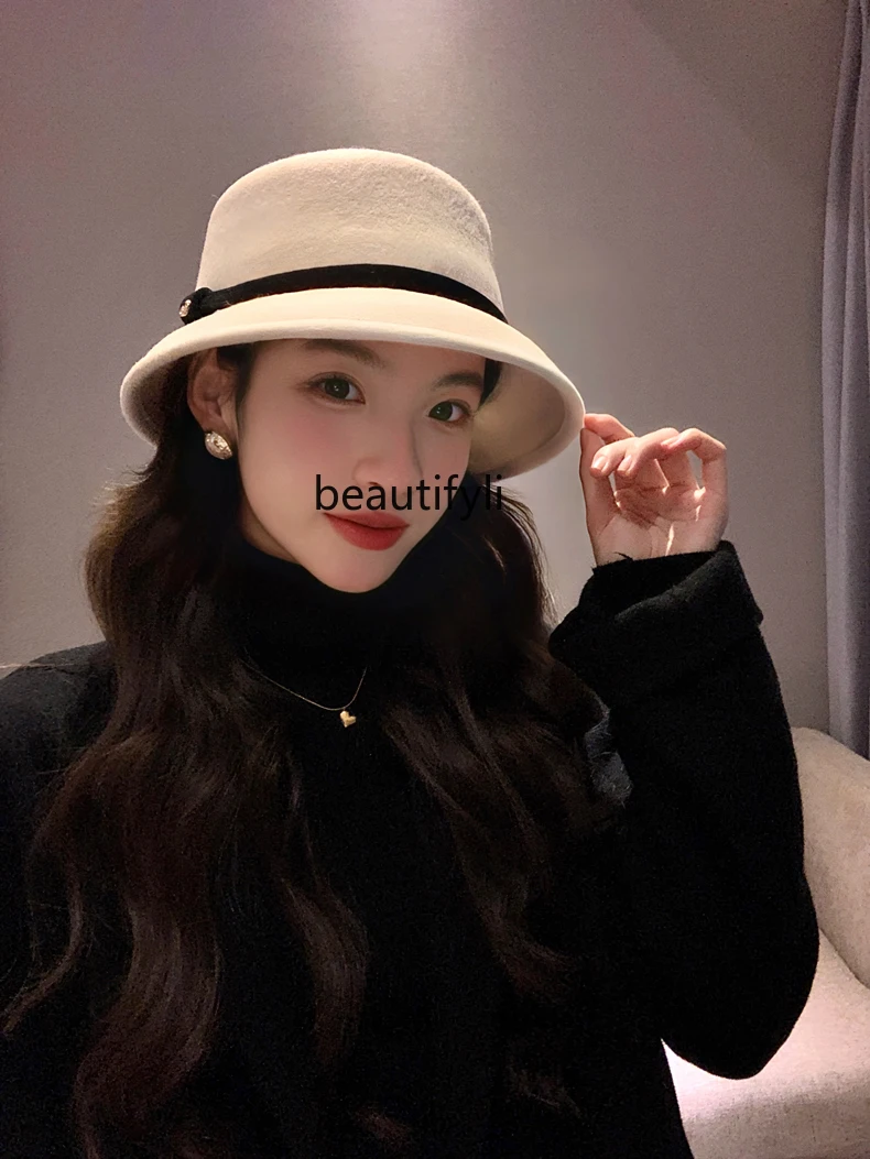 

Vintage Woolen Bucket Hat Autumn and Winter Show Face Small Hepburn Style Elegant Graceful Socialite Top Hat