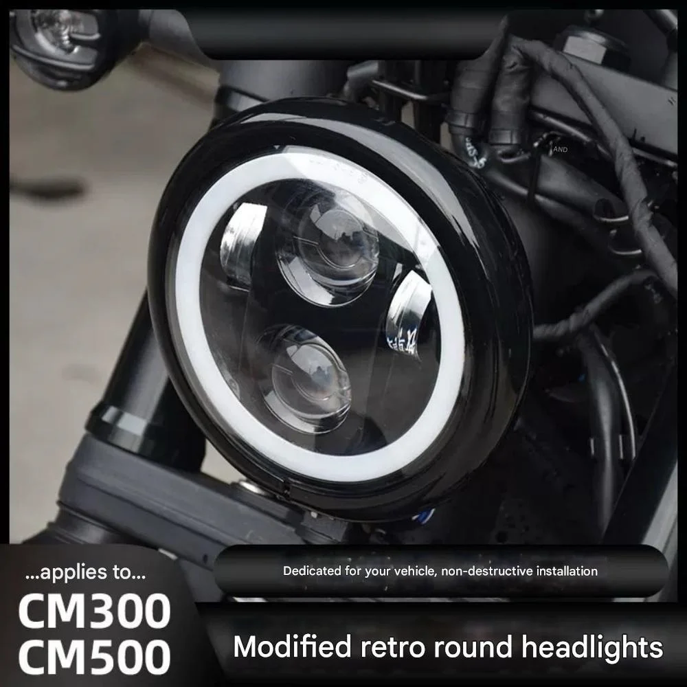 For HONDA Rebel 300 CM300 angel eye retro round headlight assembly fence lampshade high and low beam 5.75 inch headlight