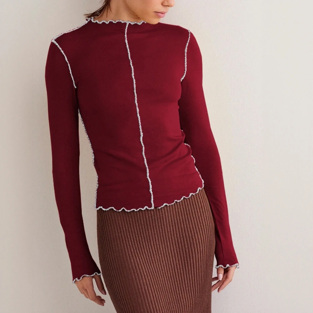 

Женские футболки, осенне-зимние модные повседневные футболки на каждый день 2025 года, нежные элегантные однотонные повседневные футболки с длинным рукавом и высоким воротом