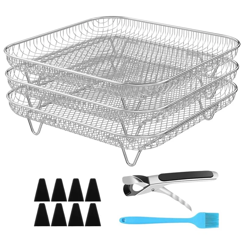 NEW-Air Fryer Accessories With Foot Cover 8Inch Square 3 Stackable Dehydrator Racks For Ninja Gowise 5.8 QT Air Fryer Racks