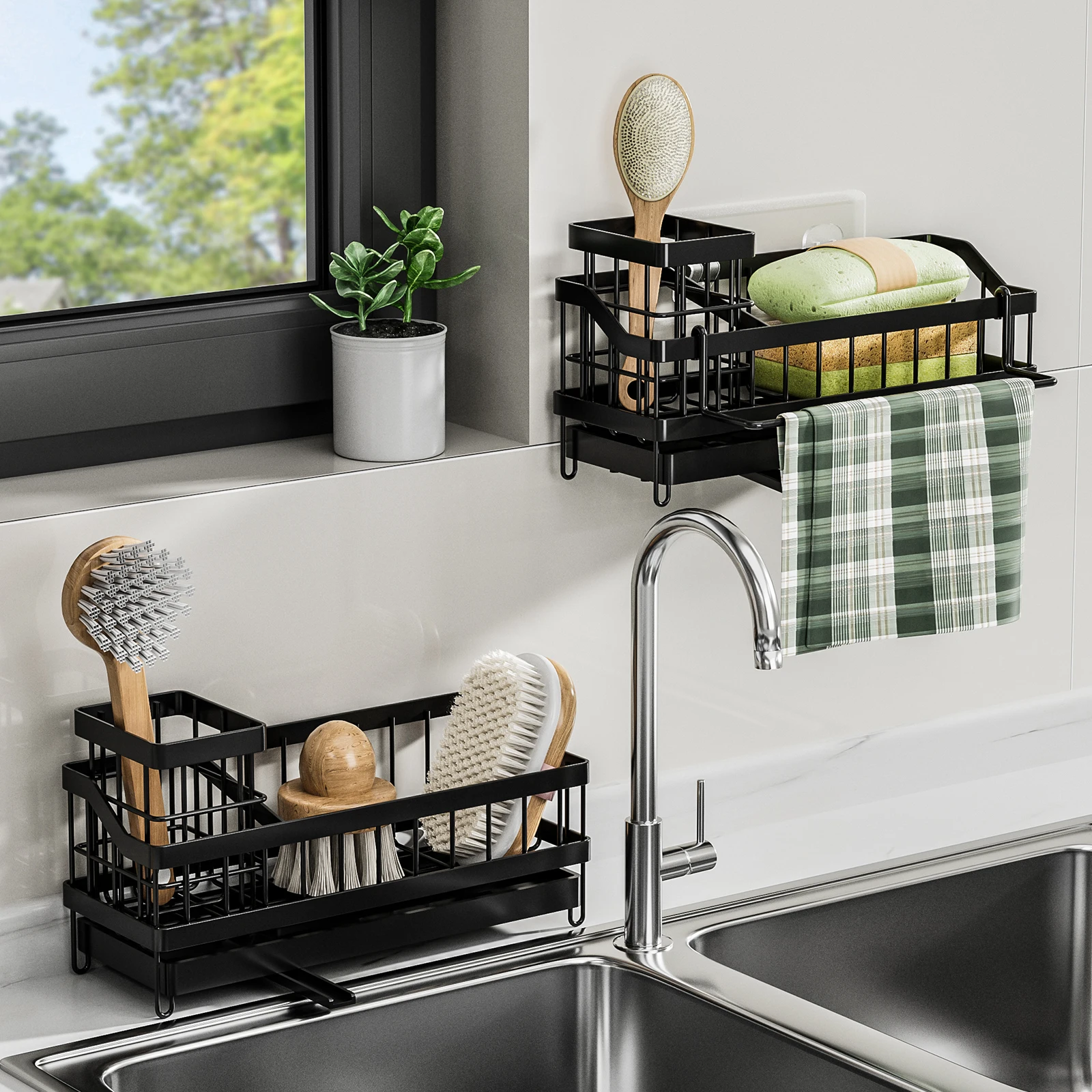 1pc Kitchen Sink Sponge Drain Rack Sponge Towel Brush Cleaner Storage Wall mouted style Countertop style Black