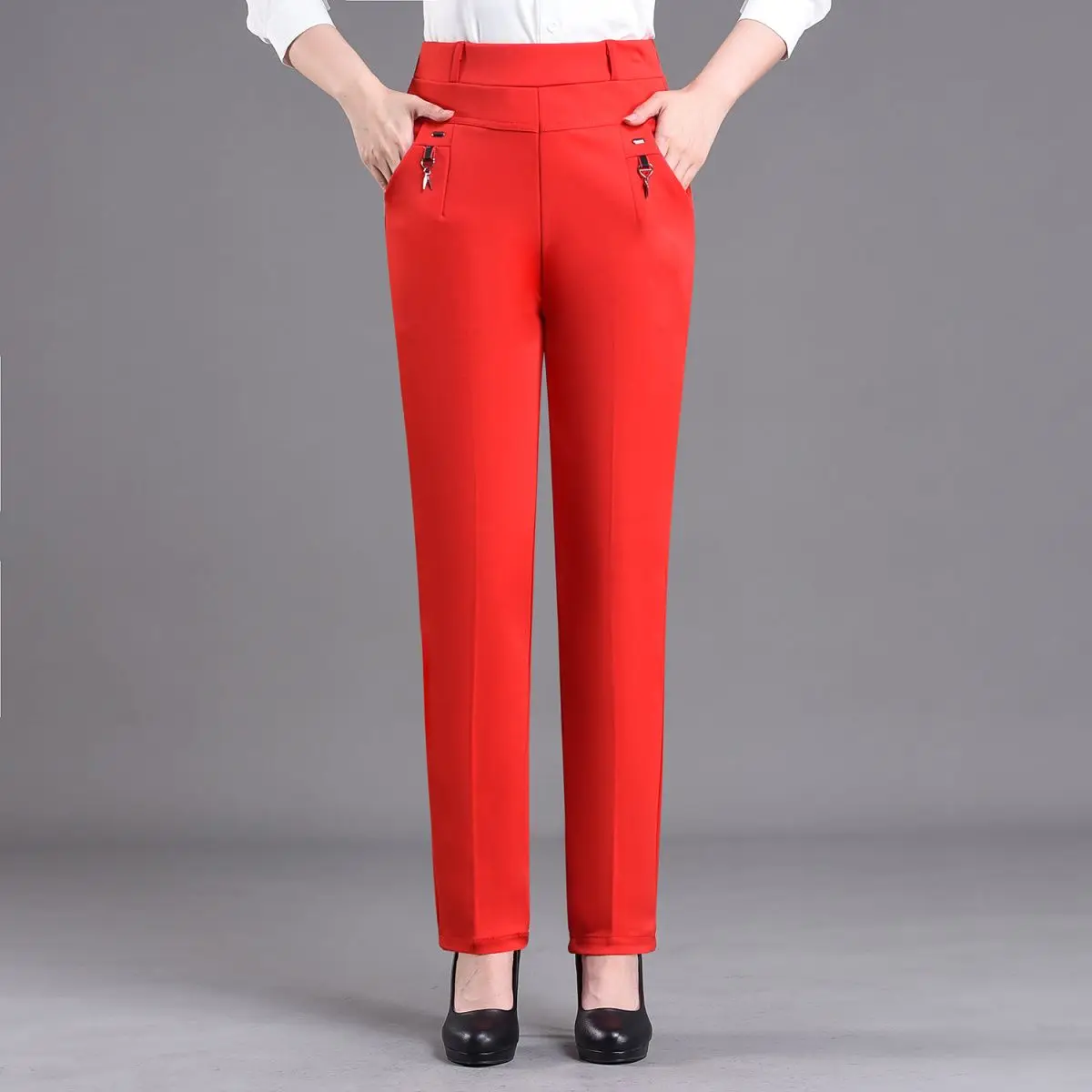 Office Lady Solid Big Size 5XL All-match Pencil Pants Spring Autumn Fashion Women Elastic High Waist Pockets Straight Trousers