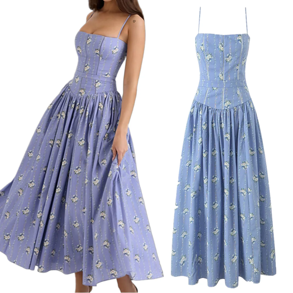 

Jenny&Dave French Retro Blue Floral Suspender Dress Slim Sexy Midi Dress For Women Evening Dresses Party Dresses Vestidos