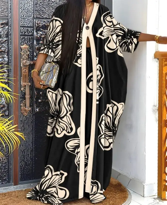 

Pant Sets Women Print Long Cardigan Two Piece Single Button Tops Matching Sets Loose Elegant Pants Drawstring Summer 2025 Y2k