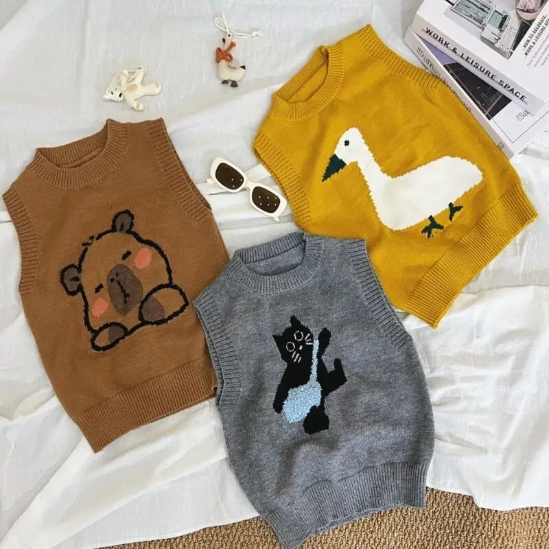 

Вязаный жилет на весну и осень для малышей, свободный жилет в корейском стиле, мягкий детский свитер, верхняя одежда, универсальный детский топ