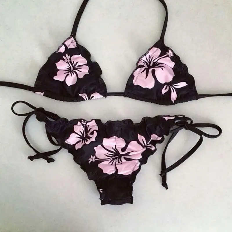 

Sexy Print Laced Up Party Bikini 2 Piece Set Women Split Backless Beach Vacation Bikinis Summer Swimwear Bikinis Set 2025 New